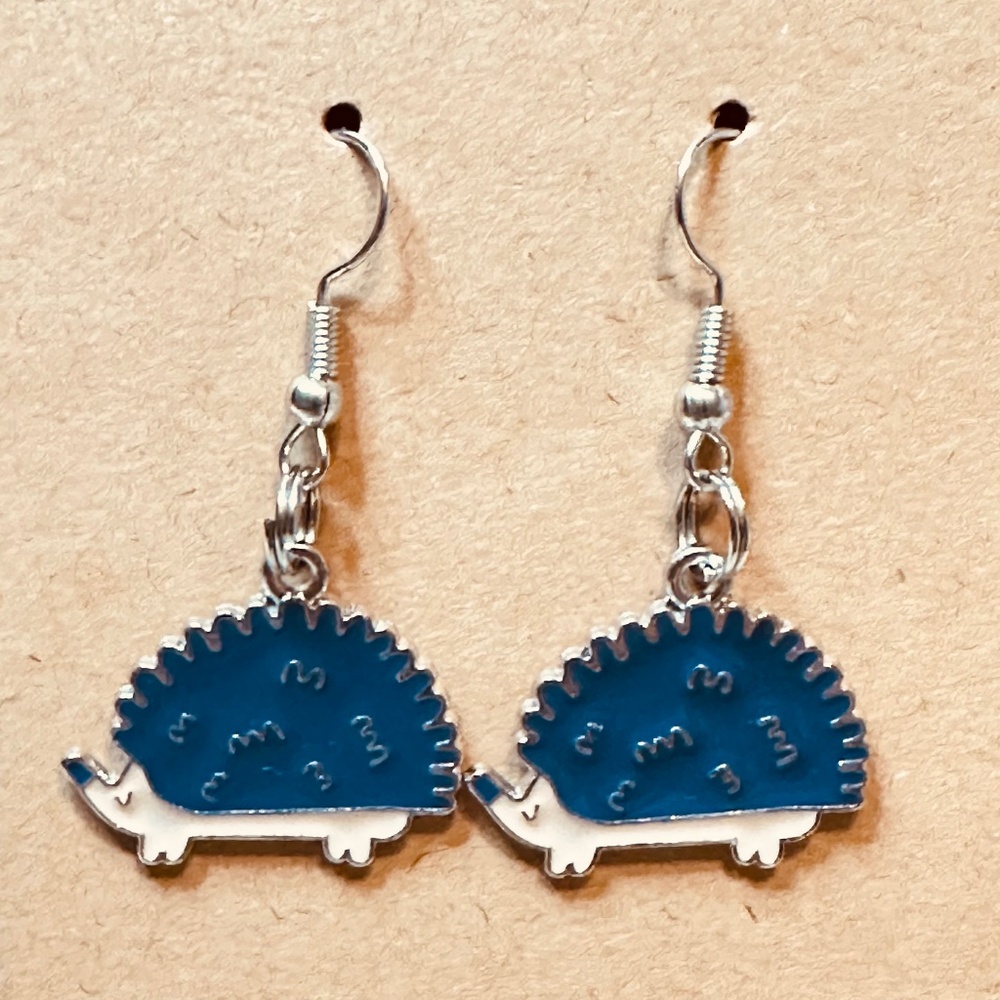 Handmade Hedgehog Earrings Blue Enamel Stainless Steel Animal Dangle Cute